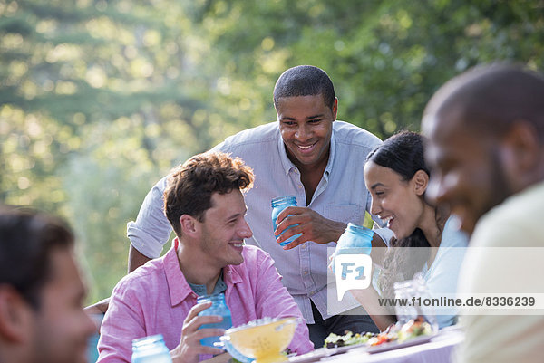 Eine Gruppe von Menschen  die unter freiem Himmel eine Mahlzeit einnimmt  ein Picknick. Männer und Frauen.