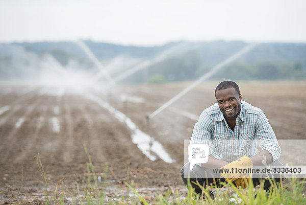 Eine biologische Gemüsefarm mit Wassersprinklern zur Bewässerung der Felder. Ein Mann in Arbeitskleidung.