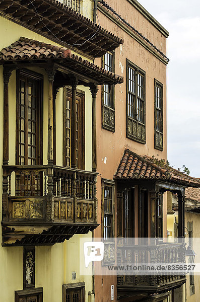 Balconies of houses  La Orotava  Tenerife  Canary Islands  Spain