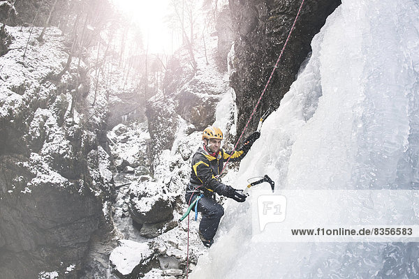 Ice climber climbing a frozen waterfall  Alpbach  Alpbachtal valley  Reith im Alpbachtal  Tyrol  Austria