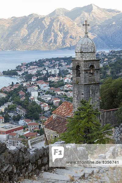 Europa  Heilmittel  Stadt  Morgendämmerung  Kirche  Fokus auf den Vordergrund  Fokus auf dem Vordergrund  Festung  UNESCO-Welterbe  Bucht von Kotor  Kotor  Montenegro  alt