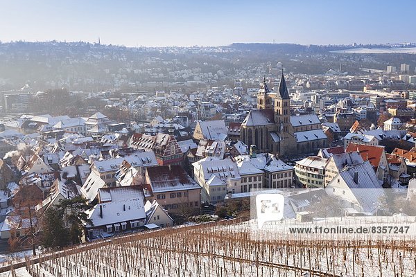 High angle view of the old town of Esslingen in winter  Baden Wurttemberg  Germany  Europe