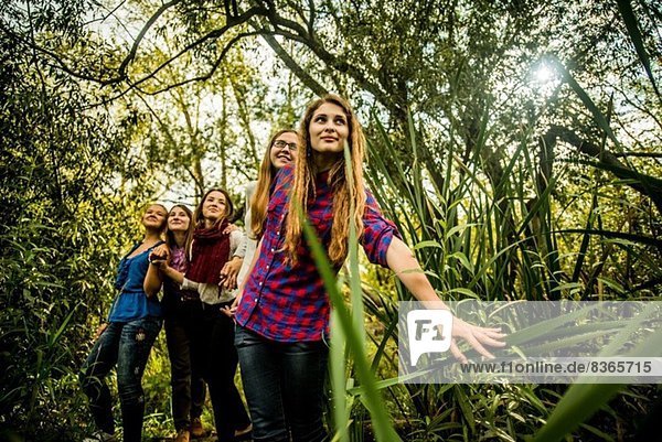 Fünf junge Frauen erkunden Marschland