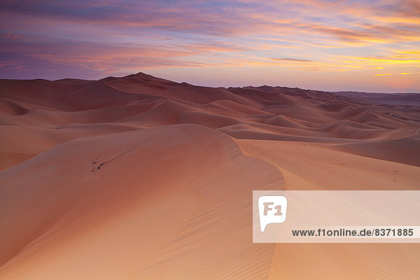 Abu Dhabi  Hauptstadt  Vereinigte Arabische Emirate  VAE  Sonnenuntergang  über  Sand  Düne  Oase