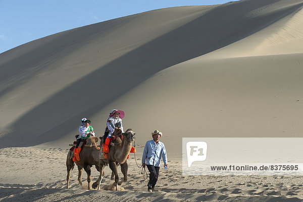 Tourists Riding On Camels At Singing Sand Mountain  Jiuquan  Gansu  China