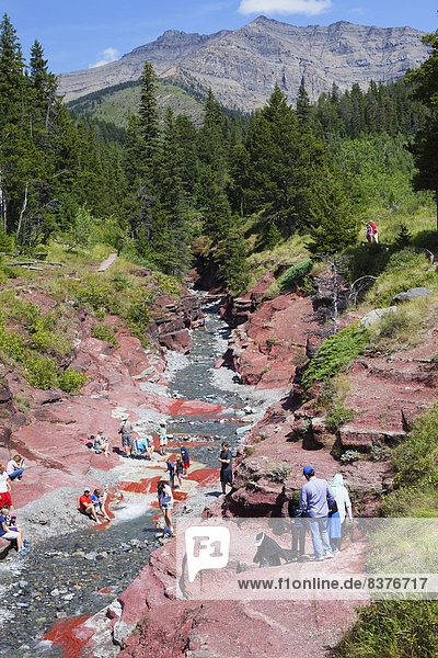 Tourists At Red Rock Canyon In Waterton Lakes National Park  Alberta  Canada