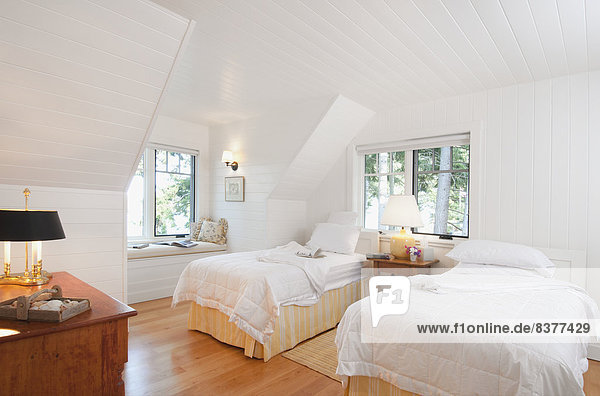 West Coast Home Bedroom With Twin Beds  Mayne Island  British Columbia  Canada