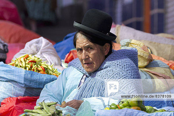 Vegetable vendor at a market  La Paz  Bolivia