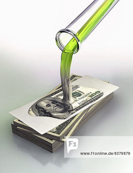 Grüne Flüssigkeit aus Reagenzglas lässt Dollarscheine entstehen