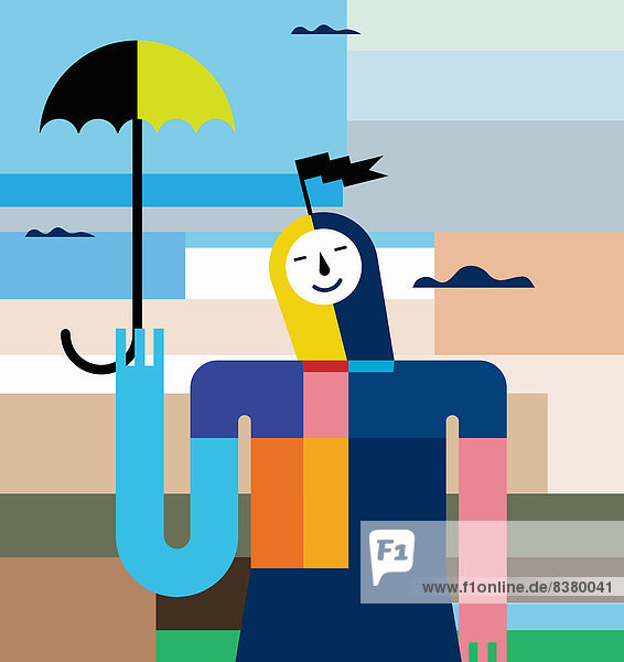 Buntes Muster mit Frau mit Schirm