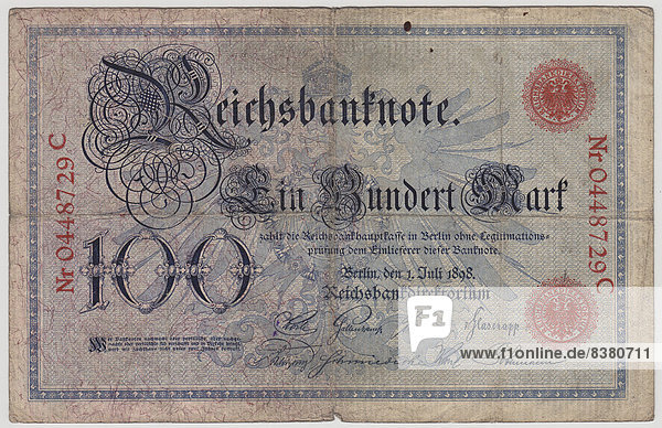 Alter Geldschein 100 Mark Vorderseite Reichsbanknote 1898