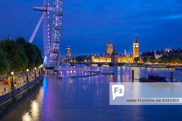 River Thames  Houses of Parliament and London Eye at dusk  London  England  United Kingdom  Europe