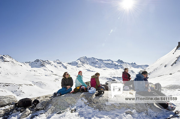 Ski walking taking a break  snowy mountain landscape  Tignes  Val-d?Isère  Département Savoie  Alps  France