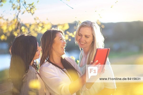 Drei junge Frauen beim Betrachten des digitalen Tabletts im Park