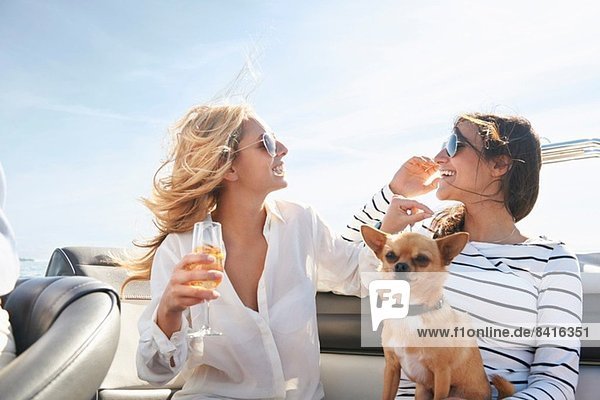 Junge Frauen auf dem Boot mit Wein
