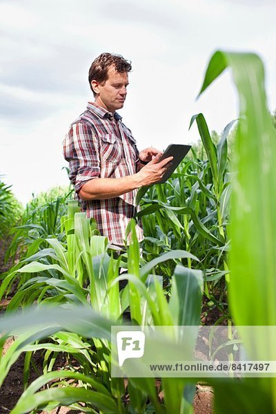Landwirt im Ackerbau mit digitaler Tablette