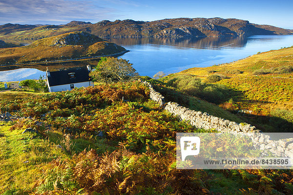 Steinmauer Europa Wohnhaus Großbritannien Küste Meer Herbst Schottland