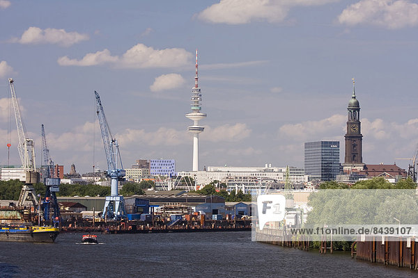 Germany  docks  Elbe  Europe  television tower  Hamburg  cranes  Michaelis  church  river  flow  town  city