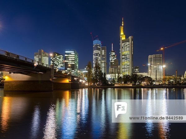 Germany  Hesse  Frankfurt  skyline with financal district at night