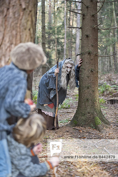 Deutschland  Nordrhein-Westfalen  Mönchengladbach  Szene aus dem Märchen Hänsel und Gretel  Hexe  die Kinder im Wald anschaut