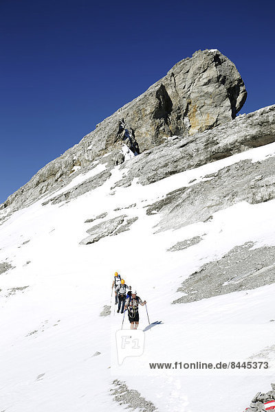 Austria  Tyrol  Karwendel mountains  Mountaineers crossing snowfield