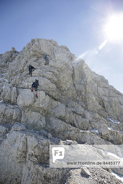 Austria  Tyrol  Karwendel mountains  Mountaineers climbing rockface