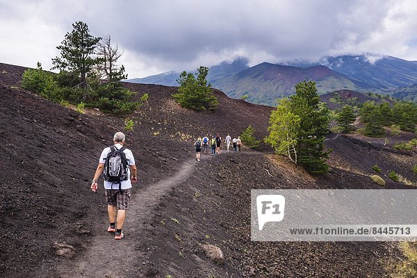 Tourists hiking on an old lava flow from an eruption  Mount Etna  UNESCO World Heritage Site  Sicily  Italy  Europe