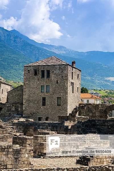 Roman Theater (Teatro Romano) and Fromage tower  Aosta  Aosta Valley  Italian Alps  Italy  Europe
