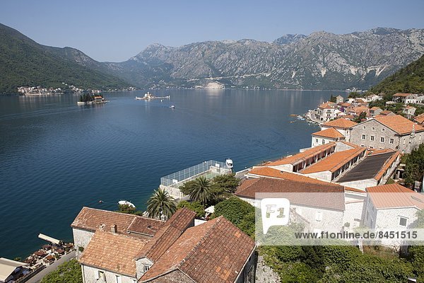 View from St. Nicholas Church with St. George Island and Our Lady of the Rocks  Bay of Kotor  UNESCO World Heritage Site  Montenegro  Europe