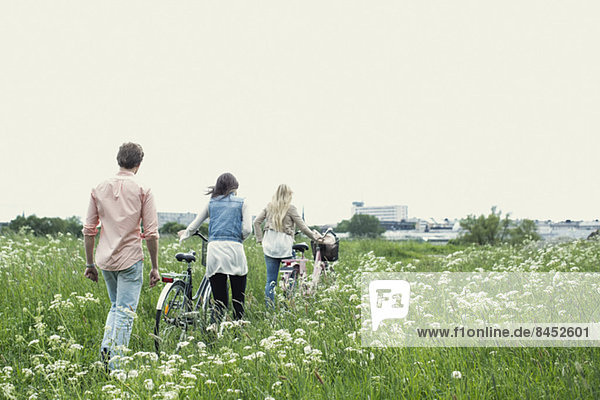 Rear view of young friends with bicycles walking through field