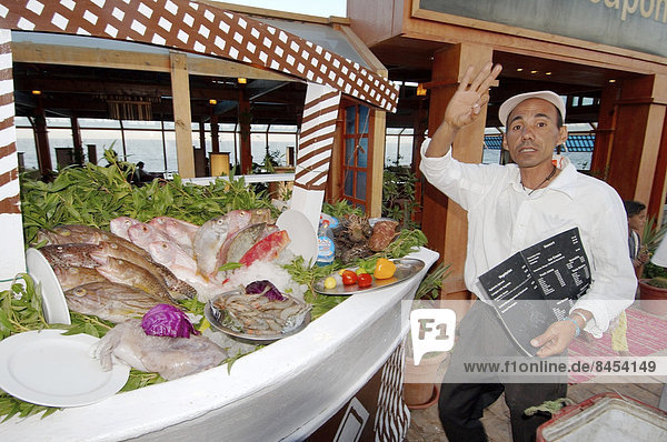 Ein Fischhändler winkt Kundschaft heran  in einem Fischrestaurant  Dahab  Sinai-Halbinsel  Ägypten