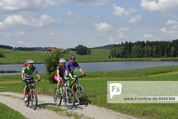Cyclists on bike tour on Trollweiher pond in Seeg  Ostallgaeu  Swabia  Bavaria  Germany