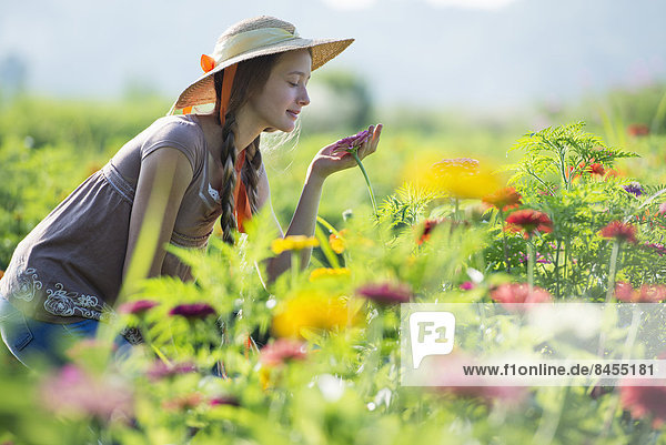 Sommer auf einem Biobauernhof. Eine junge Frau in einem Blumenfeld.