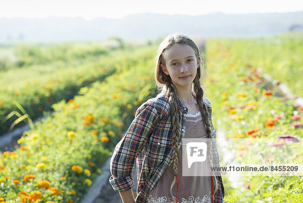 Sommer auf einem Biobauernhof. Ein junges Mädchen in einem Blumenfeld.