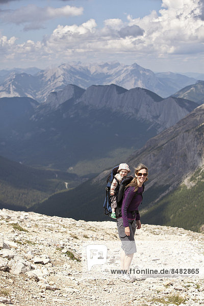 Caucasian mother and baby hiking  Jasper  Alberta  Canada