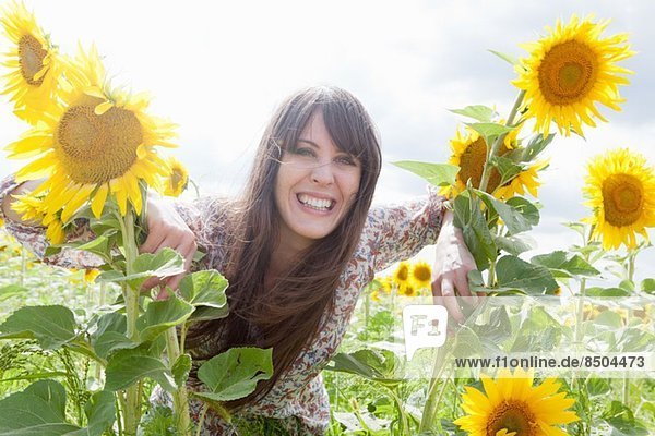 Mid adult woman in field of sunflowers