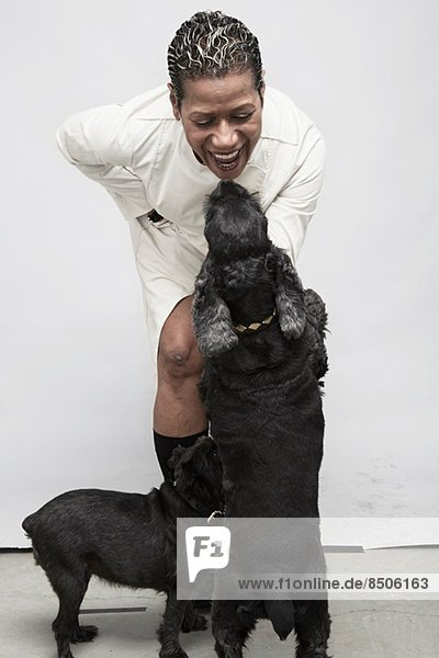 Studio shot of mature woman playing with pet dogs