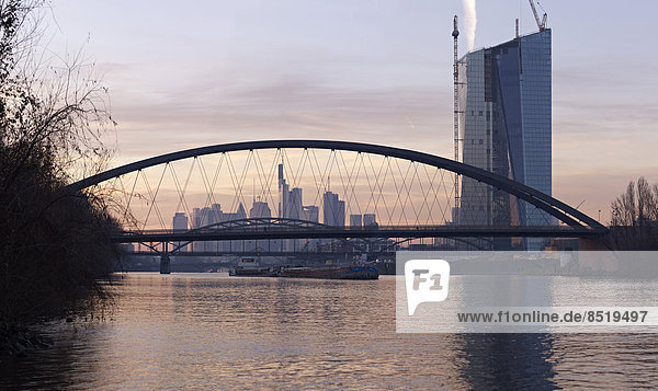 Germany  Hesse  Frankfurt  New Osthafenbruecke with new ECB building