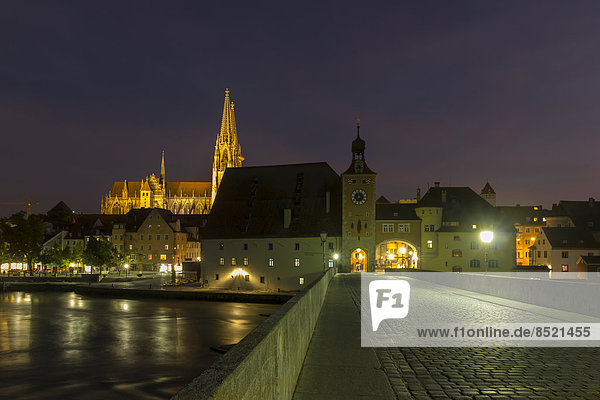 Germany  Baßaria  Regensburg  Saint Peter's Cathedral and stone bridge at night