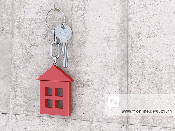 Schlüssel mit rotem Schlüsselanhänger in Form eines Hauses an einem an der Betonwand befestigten Schlüsselhaken  3D-Rendering