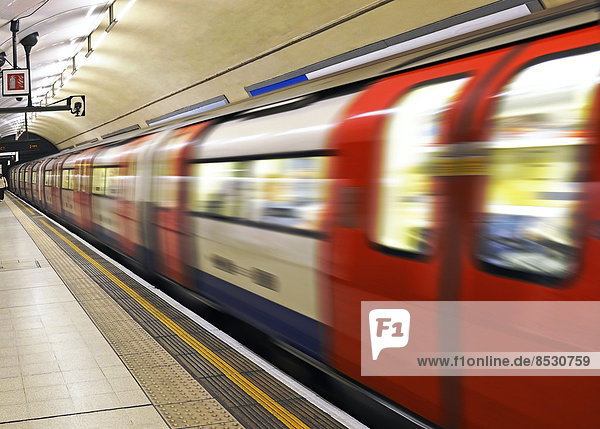 London underground train leaving Charing Cross station  London  England  Great Britain