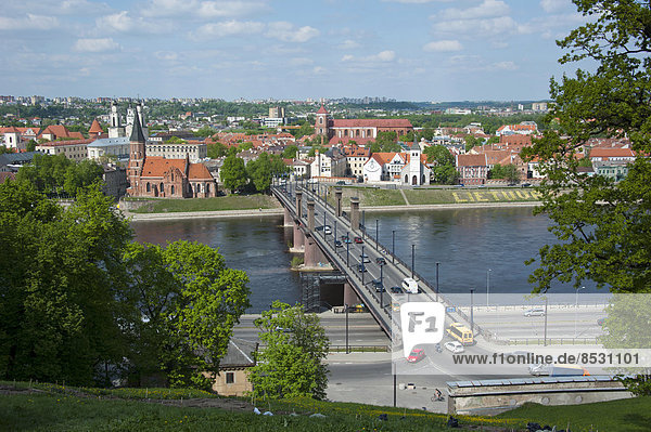 View from Aleksotas Hill  Vytautas the Great Bridge  historic centre  Kaunas  Lithuania  Baltic States
