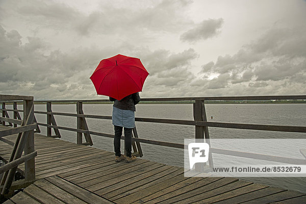Woman holding a red umbrella on a wharf on Federsee lake  Upper Swabia  Baden-Württemberg  Germany