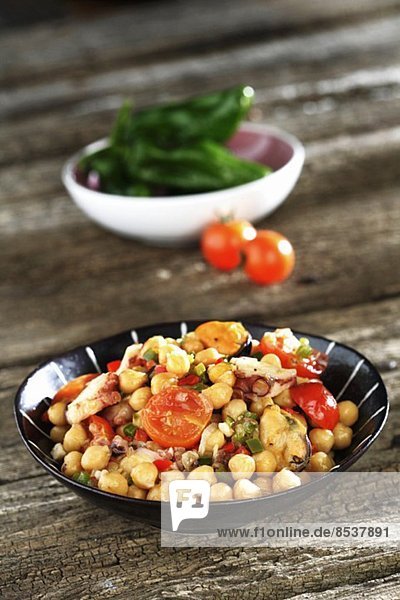 Chickpeas with tomatoes  octopus and mussels
