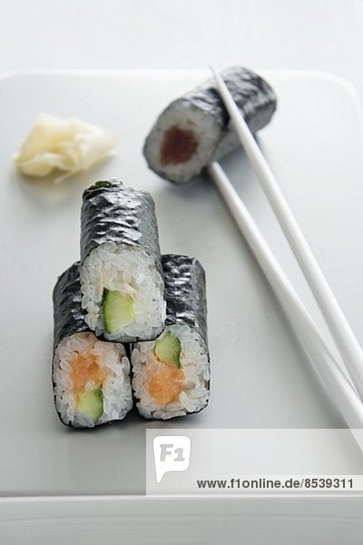 Maki sushi with tuna  salmon and cucumber
