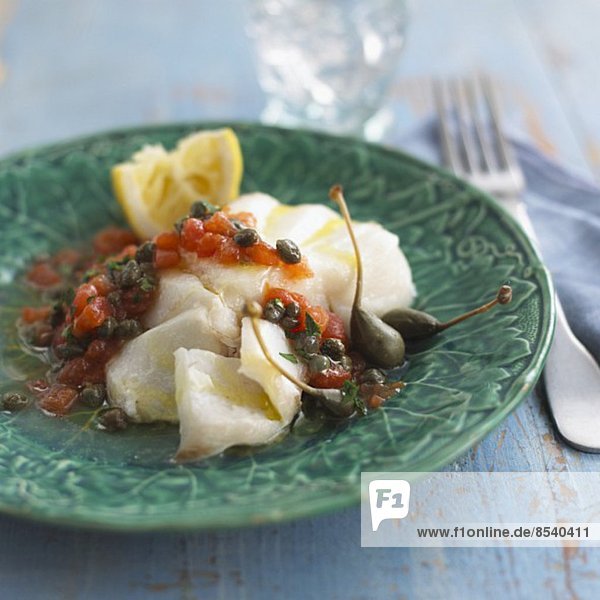 Cod fillet with tomato relish and capers