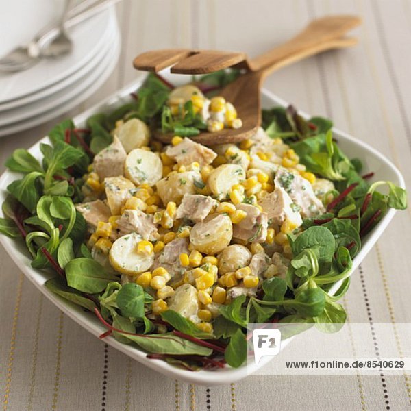 Potato salad with chicken  sweetcorn and lamb's lettuce