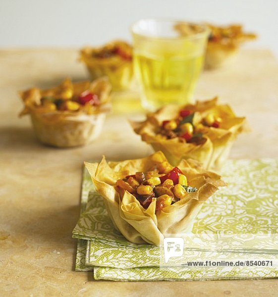 Filo pastry baskets filled with vegetable chilli