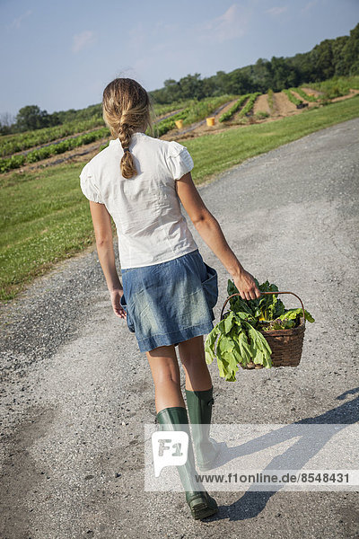 A girl in boots carrying a basket full of fresh produce.