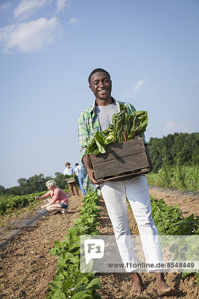 A boy holding a large wooden box of fresh vegetables  harvested from the fields.